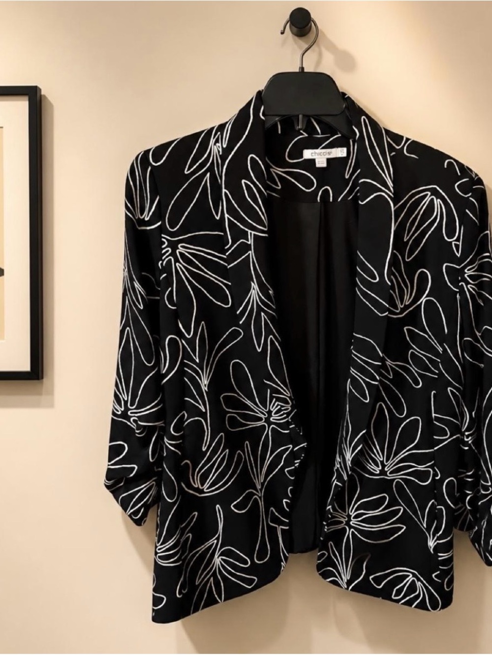 Chico's Black Blazer with White Floral-Outline Print